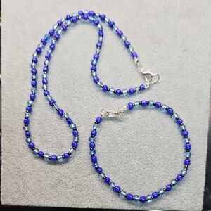Elegant Blue Beaded Necklace and Bracelet Set